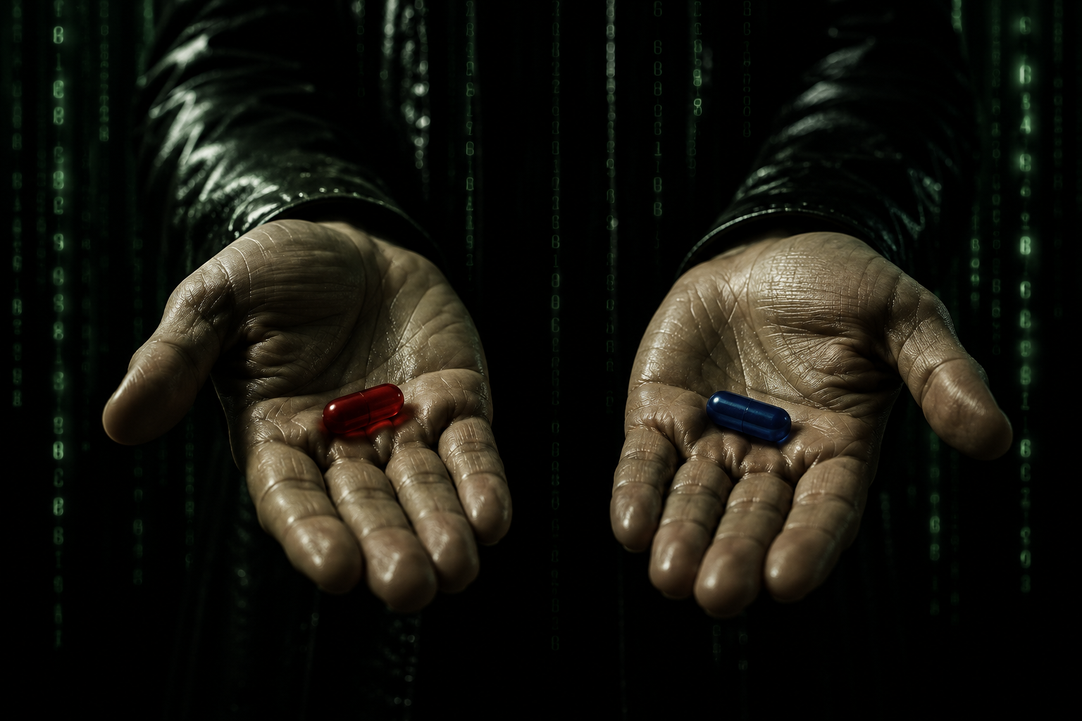 Two hands holding a red pill and a blue pill against a cascade of falling matrix code