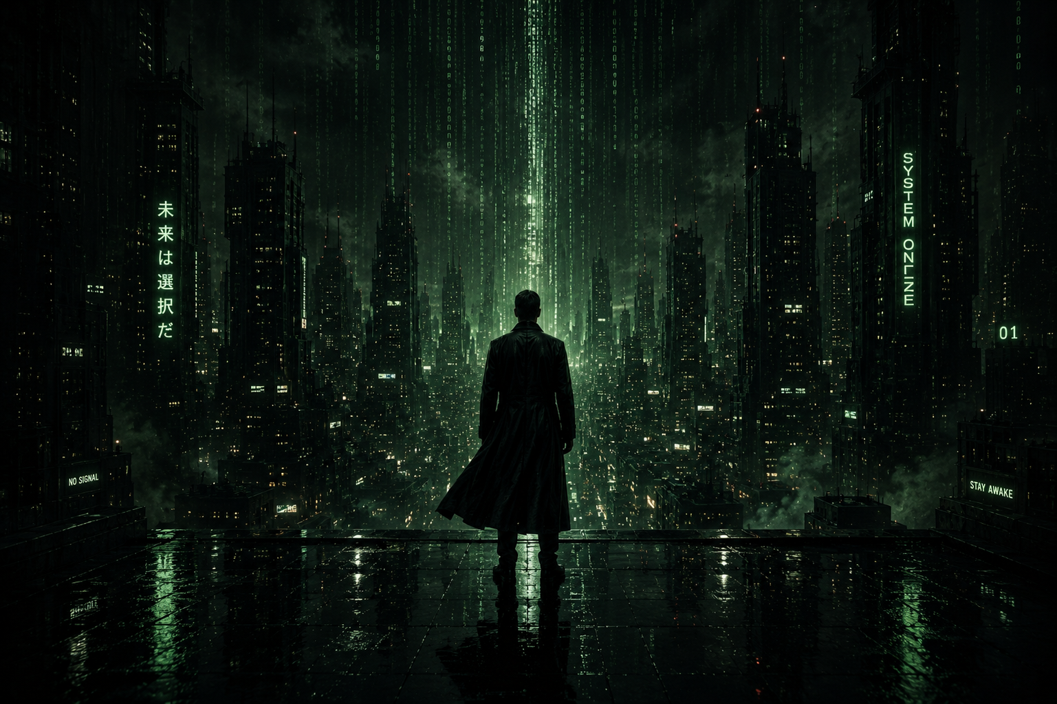 A solitary figure in a long dark coat standing on a wet rooftop, gazing out at a cyberpunk metropolis bathed in falling matrix code