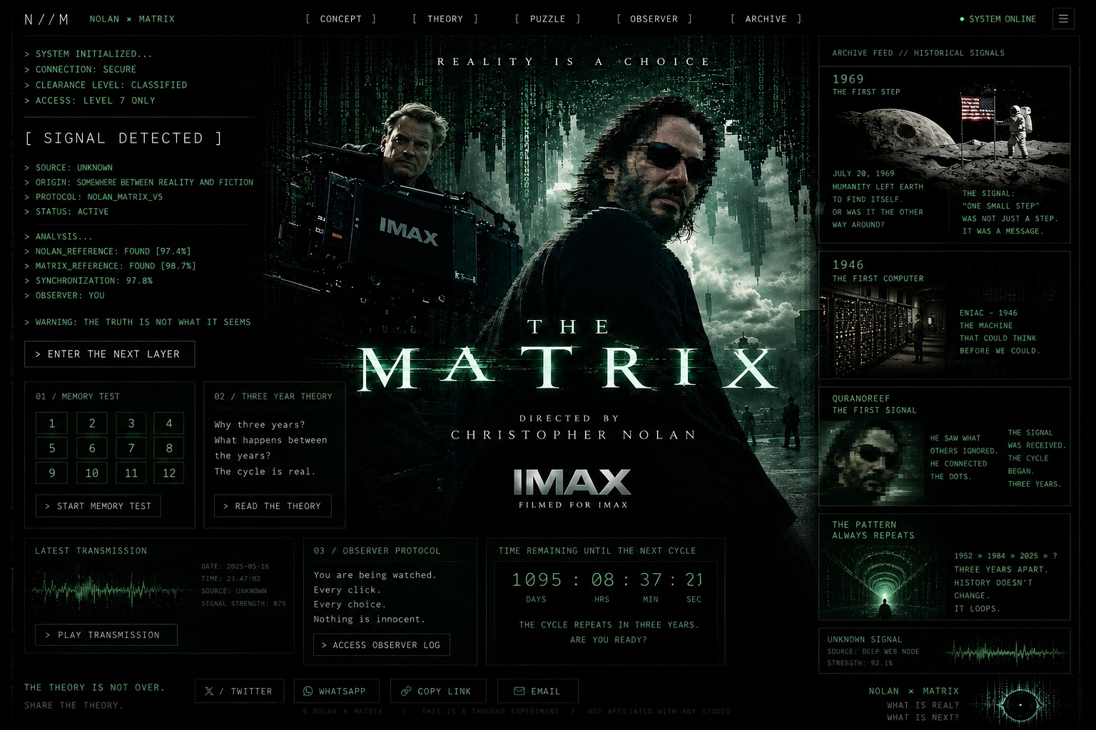 Cinematic concept mockup: Neo and Christopher Nolan with an IMAX camera, framed by a classified terminal interface with countdown and archive panels