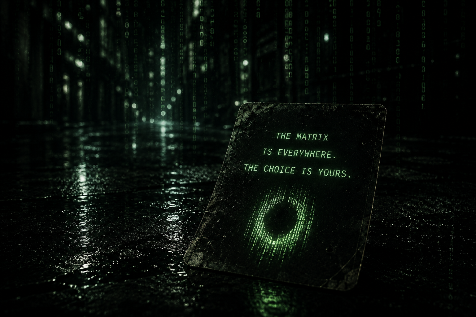 A weathered tablet resting on a wet reflective surface, displaying the message: The Matrix is everywhere. The choice is yours.